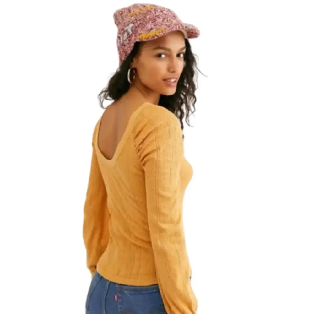 Free People Ella Puff Sleeve Pointelle Knit Top Mustard Yellow Size Small
